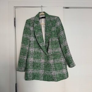 Zara Green and White Checkered Blazer